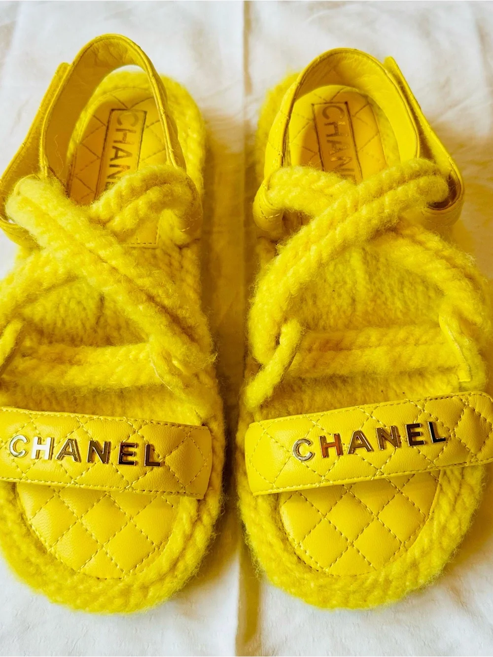 CHANEL Yellow Quilted Logo Strap Sandals